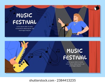 Music festival posters set. Woman and man with saxophone at scene near microphones. Artist perform at stage. Creativity and art. Cartoon flat vector collection isolated on blue background