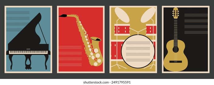 Music Festival Posters Style Illustration Set, Grand Piano, Saxophone, Drum Kit, Acoustic Guitar and Stave, Retro Colors and Style 