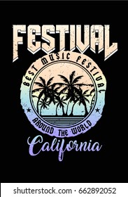 Music festival print with palm trees and texts in vector.Summer print on black.