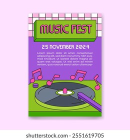 Music Festival Promotional Poster Featuring a Turntable Design and Musical Notes Cartoon vector illustration retro Hand drawn