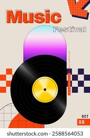 Music festival promotional poster template design background. Vinyl record modern maximalist graphic design style. Design element for brochure, flyer, print, banner, invitation, vector illustration