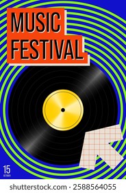 Music festival promotional poster template design background. Vinyl record with neon green circle line modern style. Design element for brochure, flyer, print, banner, invitation, vector illustration