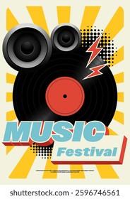 Music festival promotional poster template design background. Modern vintage retro vinyl record and speaker. Design element for brochure, flyer, print, banner, invitation, vector illustration