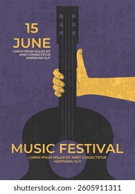 Music festival retro poster design with hand holding guitar neck. Minimalist music festival background template. Vector illustration