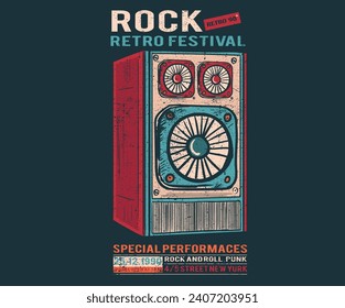 Music festival retro poster. Speaker box artwork. Music world tour. Rock and roll vector graphic print design for apparel, stickers, posters, background and others.  Born to be free. 