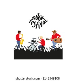 Music festival scena. The musical band cartoon play instrumental.