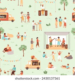 Music festival seamless pattern with food and ice cream truck, people walking in public park, drinking and communicate. Musicians plays on stage. Summer weekend concept. Vector illustration.