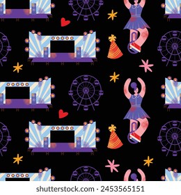 Music festival seamless pattern, open-air concert outdoor stage, live performance, food trucks, ferris wheels and flowers. Summer public entertainment party, picnic in park. Flat vector illustration