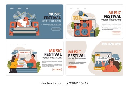 Music Festival set. DJ spinning tracks, large speakers booming, fans buying tickets, and a lively online stream. Concerts, beats, parties, and vibrant vibes. Flat vector illustration