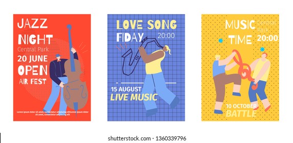 Music Festival Set Flat Invitation Color Poster Template Jazz Night Open Air Contrabass Love Sax Song Musician Battle Time Promotion Banner with Cartoon Man Characters Vector Style Print Illustration
