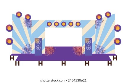 Conjunto de festival de música, concierto al aire libre con escenario al aire libre, actuación en vivo, camiones de comida, ruedas de la fortuna y flores. Fiesta pública de verano, picnic en el parque. Ilustración vectorial plana aislada