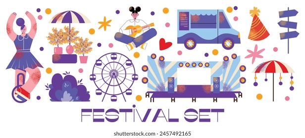 Music festival set, open-air concert with outdoor stage, live performance, food trucks, ferris wheels and flowers. Summer public entertainment party, picnic in park. Flat vector illustration isolated