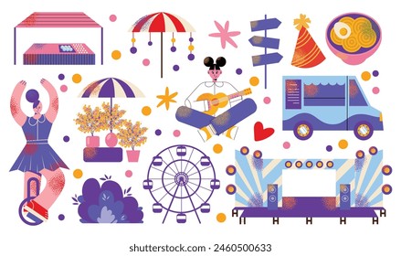 Music festival set, open-air concert with outdoor stage, live performance, food trucks, ferris wheels and flowers. Summer public entertainment party, picnic in park. Flat vector illustration isolated