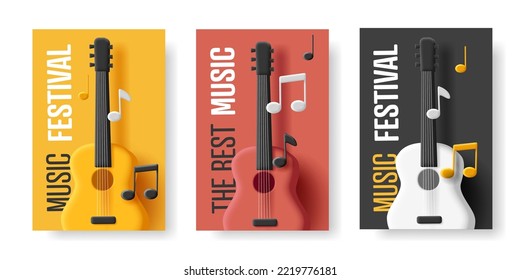 Music festival set of posters with 3d guitar with notes illustration