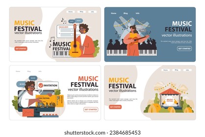 Music Festival set. Vibrant artists perform live, fans enjoy melodies, invites on screens, stage in nature. Flat vector illustration.