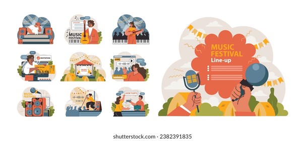 Music Festival set. Vibrant concert moments captured with artists performing, tickets sales, and festival lineup promotions. Enthusiastic crowd, live broadcast, outdoor ambiance. vector illustration