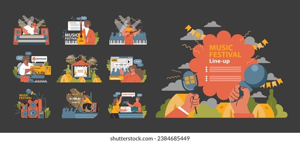 Music Festival set. Vibrant concert moments captured with artists performing, tickets sales, and festival lineup promotions. Enthusiastic crowd, live broadcast, outdoor ambiance. vector illustration