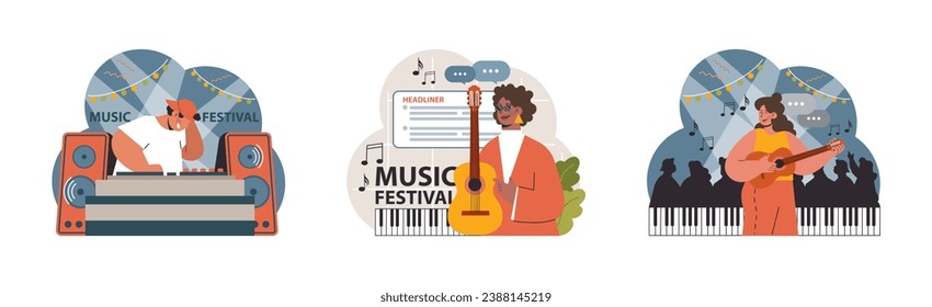 Music festival set. Vibrant scenes with DJ mixing beats, festival poster on piano, female harpist and guitarist. Audience enjoyment, live performance thrill. Flat vector illustration