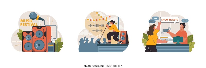 Music Festival set. Vibrant speakers blaring melodies, a passionate singer on stage, and attendees purchasing show tickets. Excitement and rhythm fill the air. Flat vector illustration