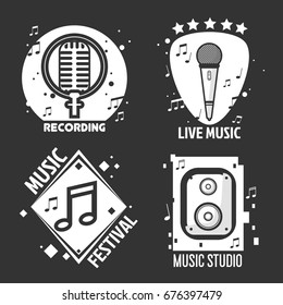 Music festival or shop labels vector headphones, microphone for recording studio