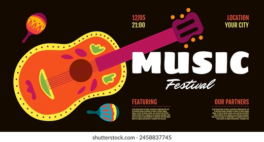 Music festival show horizontal banner. Invitation flyer design template. Acoustic guitar and maracas on black background. Live folk musical party cover. Country fest event print. Eps