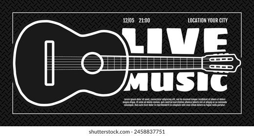 Music festival show horizontal banner. Invitation flyer design template. Acoustic classic guitar on black background. Live folk musical party concert poster. Country fest event print. Eps