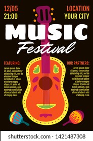 Music festival show poster or invitation flyer design template. Acoustic guitar and maracas on black background. Live musical party concert. Event vector illustration A3 A4 size