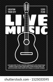 Music festival show poster or invitation flyer design template. Acoustic classic guitar on black background. Live musical party concert. Fest event vector illustration A3 A4 size