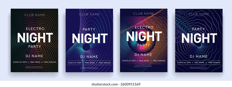 Music Festival in Strips Graphic Elements for Dance Party, Disco, Club Invitation, Festival Poster, Flyer. 3d Set Hot Night Dance Party. Background wave of cosmic space. Vector Illustration.