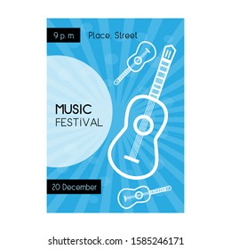 Music festival template with white guitar on the glowing blue background. Vector poster, flyer, banner, card for bar, restaurant, club. A4 / A5 scaled standard size