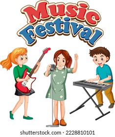 Music Festival text with kids music band illustration