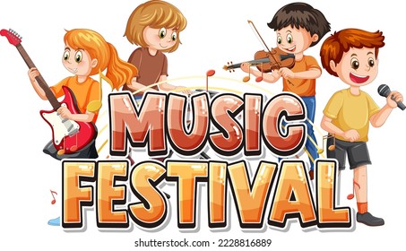 Music Festival text with kids music band illustration