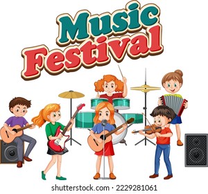 Music Festival text with kids music band illustration