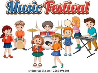 Music Festival text with kids music band illustration