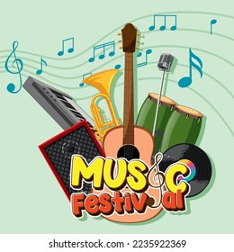 Music Festival text with musical instruments illustration