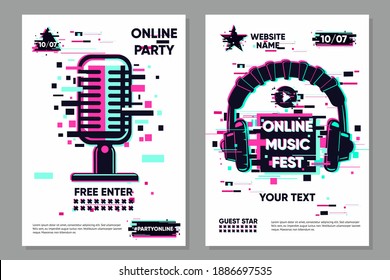 Music festival vector banner. Posters set with microphone and headphones. Online party background, electronic style. Streaming banner. Glitch trendy illustration.