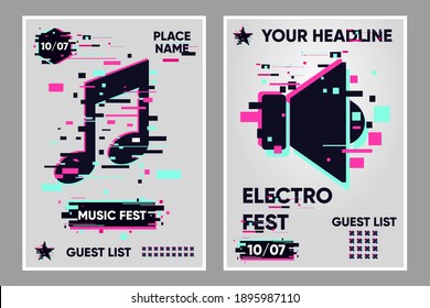 Music festival vector banner. Posters set with music note and audio. Party background, electronic style. Glitch trendy illustration. Dance event banner template.