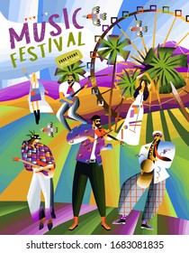 Music festival! Vector cute illustration of live music festival. Musicians play musical instruments, people dance and have fun at summer party free event. Drawings for banner, card, poster or postcard