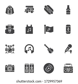 Music festival vector icons set, modern solid symbol collection, filled style pictogram pack. Signs logo illustration. Set includes icons as guitar, drum set, microphone, photo camera, concert speaker