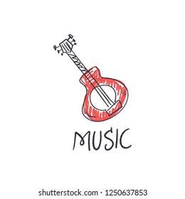 Music festival vector illustration, guitar art and lettering text. Hand drawn banner, poster, postcard or t-shirt print. Logo and label.