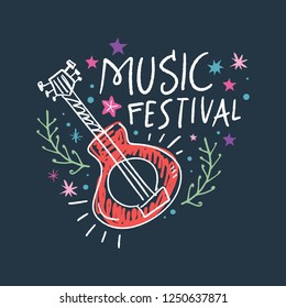 Music festival vector illustration, guitar art and lettering text. Hippie chic, bohemian style. Hand drawn banner, poster, postcard or t-shirt print.