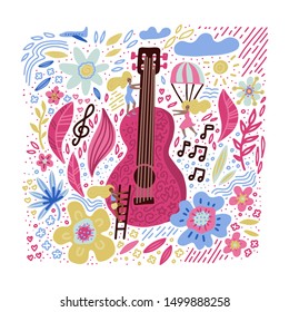 Music festival vector illustration, guitar with floral flowers art. Small waman near huge guita. Hand drawn banner, poster, postcard or t-shirt print