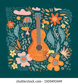 Music festival vector illustration, guitar with flowers art and lettering text. Hippie chic, bohemian style. Hand drawn banner, poster, postcard or t-shirt print.