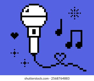 Music festival vector illustration in pixel art. Trendy Y2k retro sticker. Playful pixel shapes. Microphone icon. Mic, song, heart. Rock-n-roll, music notes, cool. Mood of 90's. Game abstract elements