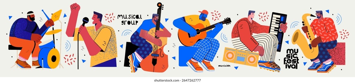 Festival de música. Ilustrações vetoriais de músicos, pessoas e instrumentos musicais: bateria, violoncelo, sintetizador, saxofone, guitarra e cantor com microfone para cartaz, flyer ou fundo.
