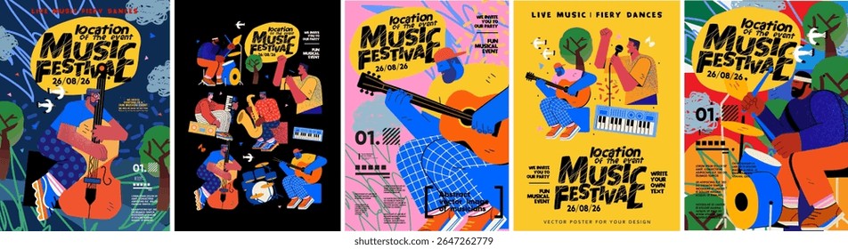 Festival de música. Ilustrações vetoriais de músicos, pessoas e instrumentos musicais: bateria, violoncelo, sintetizador, saxofone, guitarra e cantor com microfone para cartaz, flyer ou fundo.
