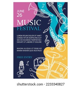 MUSIC FESTIVAL Vertical Banner Concert Poster With Guitar Trumpet Saxophone Microphone And Drums Invitation Text On Abstract Background Hand Drawn Vector Sketch