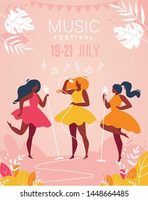 Music Festival Vertical Banner. Group of Young Women Singing on Scene with Microphones, Girls Musical Band Performing on Stage. Entertainment, Vocal Talent Show Flyer. Cartoon Flat Vector Illustration