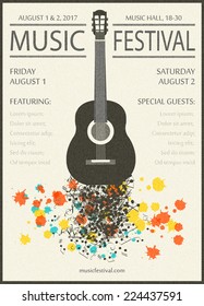 Music festival, vintage poster background template with guitar and notes. Vector graphic  design illustration.  