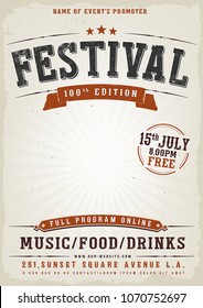 Music Festival Vintage Poster/
Illustration of a vintage old elegant music festival poster template, with western style and grunge texture